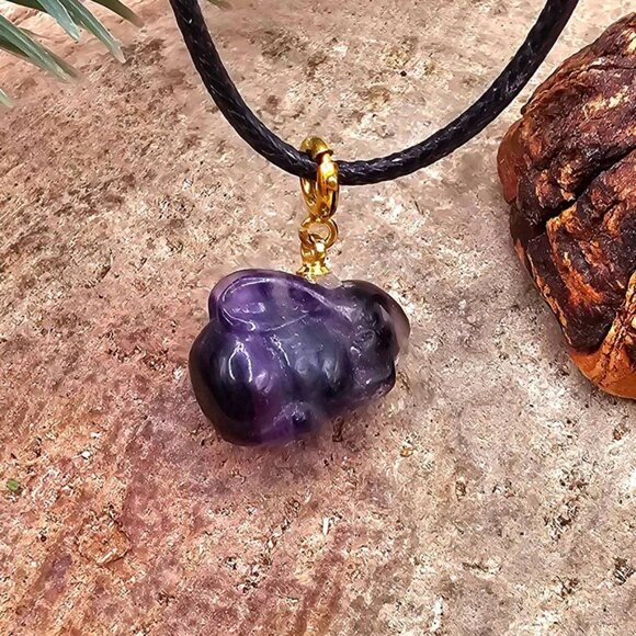 Nature Purple Fluorite Carved Cute Rabbit Pendant Necklace - Picture 5 of 10